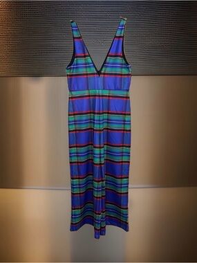 SHINESTY Striped V-Neck Jumpsuit in Blue & Green Plaid-M-GC